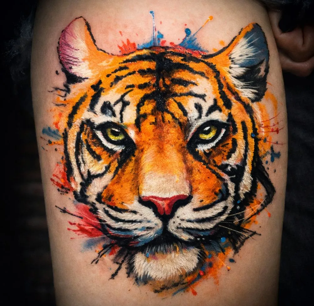Color watercolor tiger head tattoo on thigh