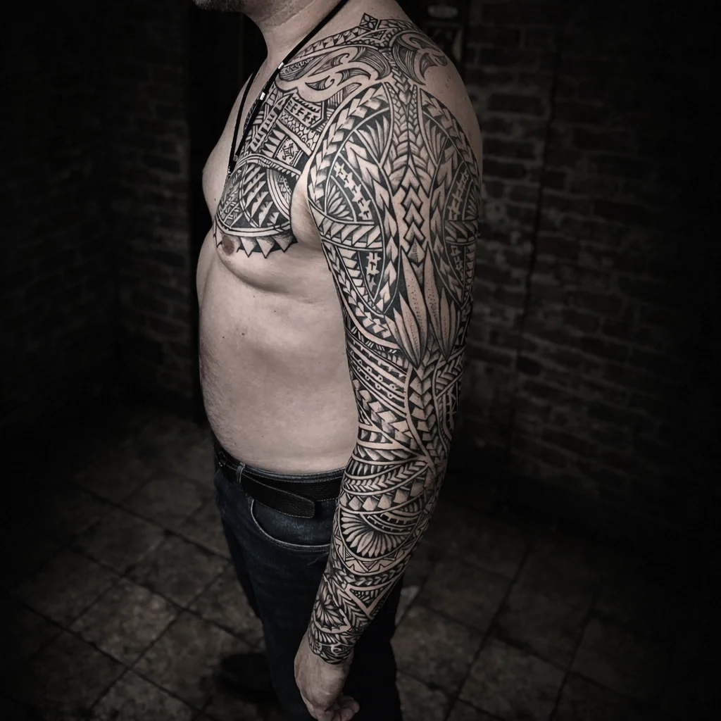 Black and grey Polynesian tribal sleeve and chest tattoo