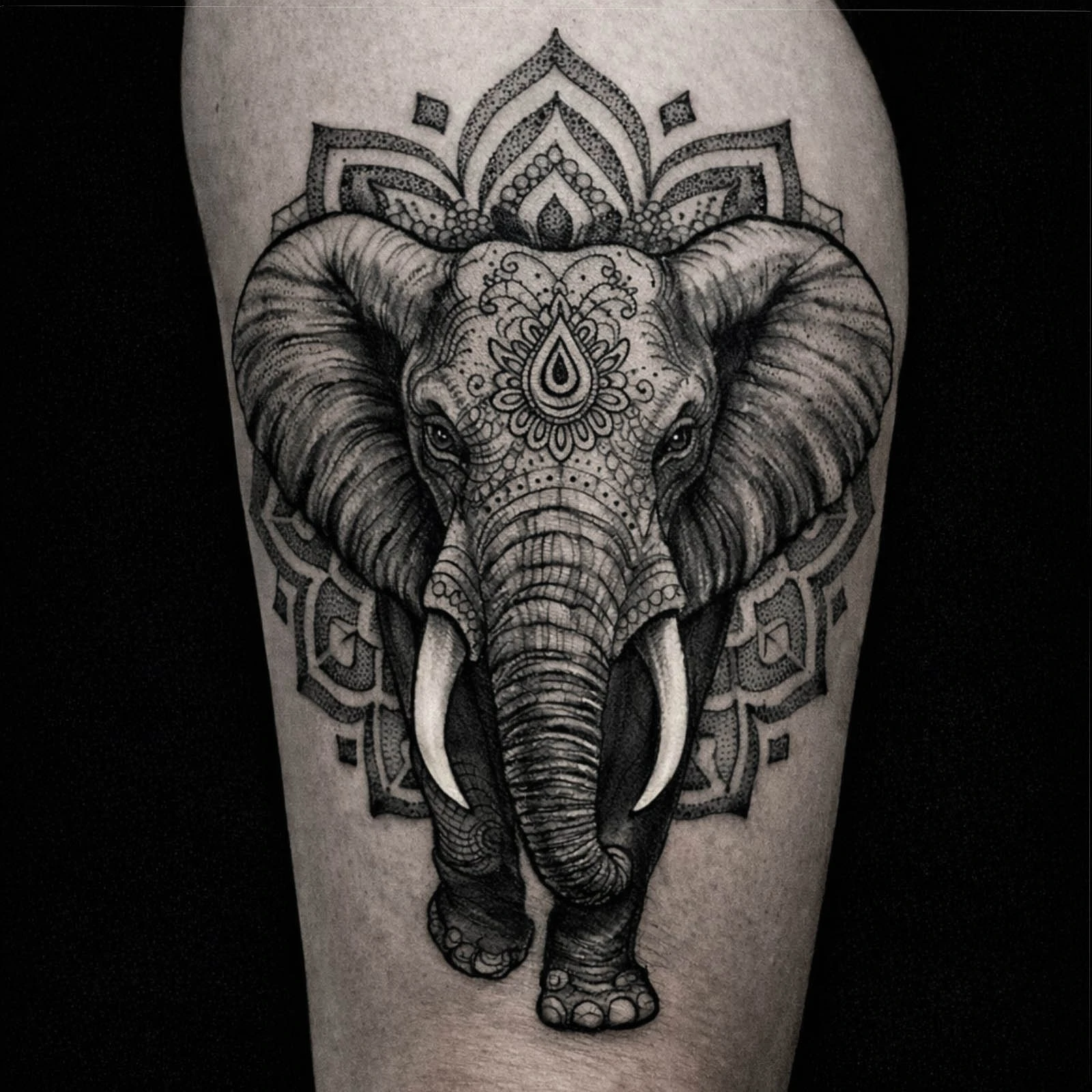 Realistic elephant tattoo with mandala background